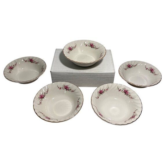 Ridgway Dainty Rose Ironstone Bowls Set Of 5 Pink Floral Design With Gold Trim - Picture 1 of 9